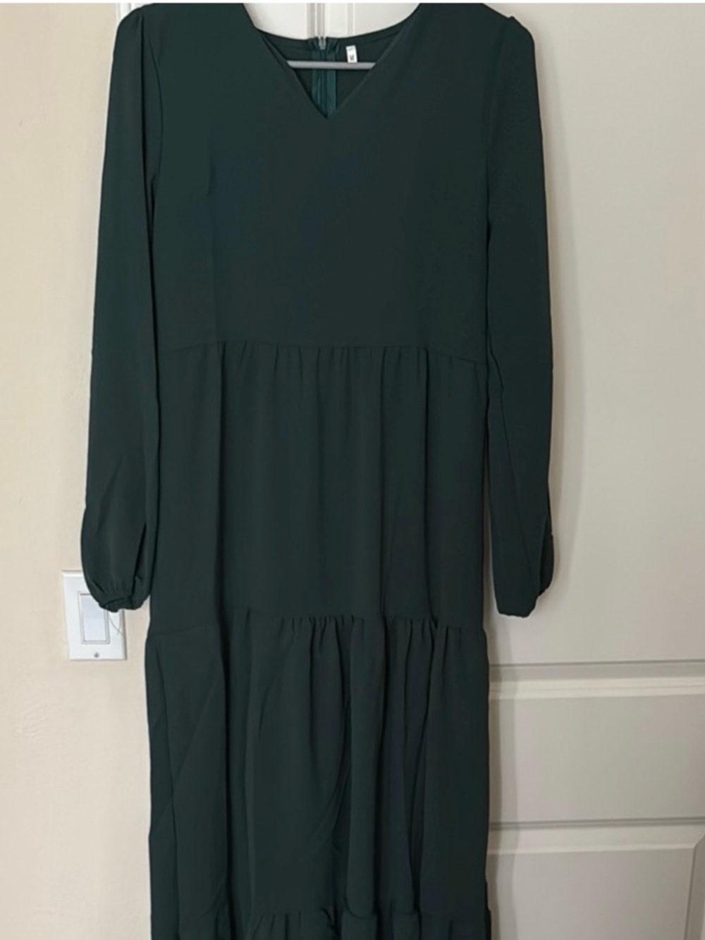 Dark Green Long Sleeve V-Neck Tiered Maxi Dress